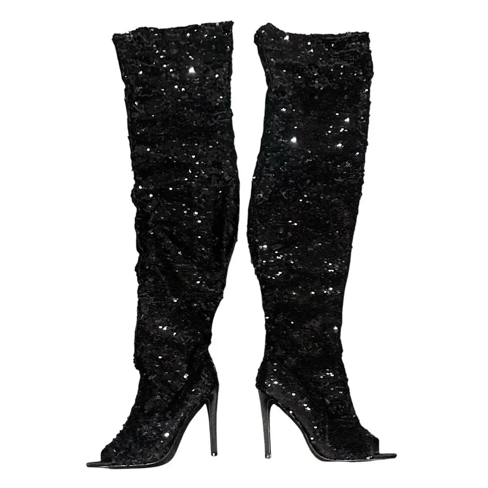 CAMSSOO Women's Sparkle Sequins Over The Knee Boots Sexy High Heels Open Toe 9.5